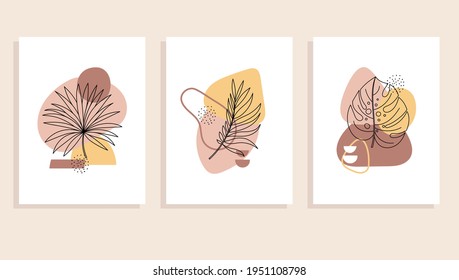 Set of trendy vector posters with abstract art. Floral line art drawing with abstract shape. Abstract tropical plant design for print. Bohemian style wall decoration for cards.