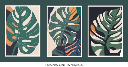 Set of trendy vector posters with monstera leaves in flat design. wall art print poster. wall art print poster