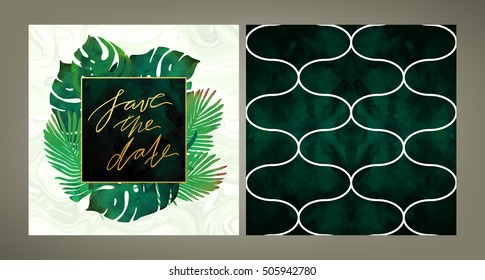 Set of trendy vector wedding invitation tempale and the same style pattern tile in emerald green shades. Tropical plants, velvet, gold and marble textures.