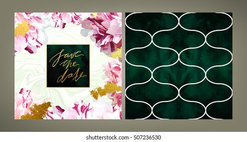 Set of trendy vector wedding invitation templale and the same style pattern tile in emerald green shades. Peony petals, velvet, gold, marble textures.