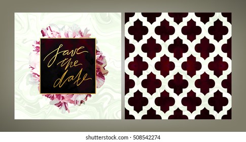 Set of trendy vector wedding invitation template and the same style pattern tile in emerald green shades. Peony petals, velvet, gold, marble textures.