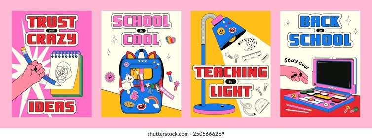 Set of trendy vertical cards with a back to school theme in retro style y2k. Vector illustration of a teenage school backpack, desk lamp, vintage laptop with various stickers.