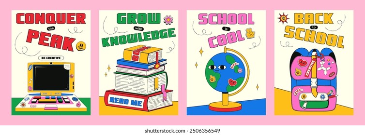 Set of trendy vertical cards with a back to school theme in retro style y2k. Vector illustration of a vintage laptop, stack of books, globe and school teenage backpack with various stickers and pears.