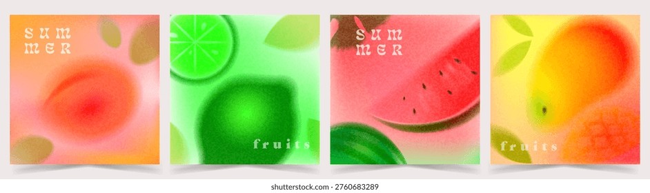 A set of Trendy vibrant cards a summer fruit gradient, blurred abstract images of tropical fruits, and a retro airbrush texture. Vector collection a grainy background and a bold seasonal color palette