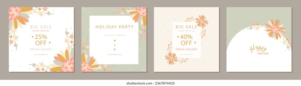 set of trendy vintage flowers art frame square template. Suitable for social media posts, cards, invitations, banner and web ads