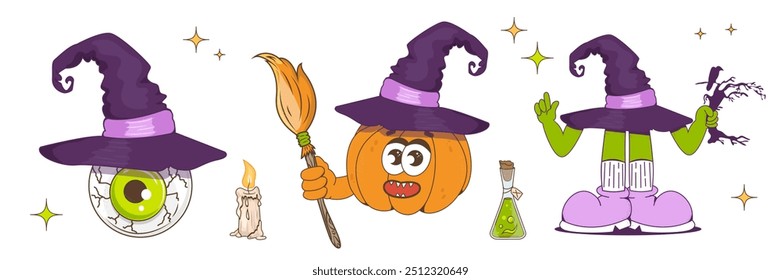 A set of trendy vintage Halloween characters. A pumpkin in a hat with a broom, eye, boots in a hat.