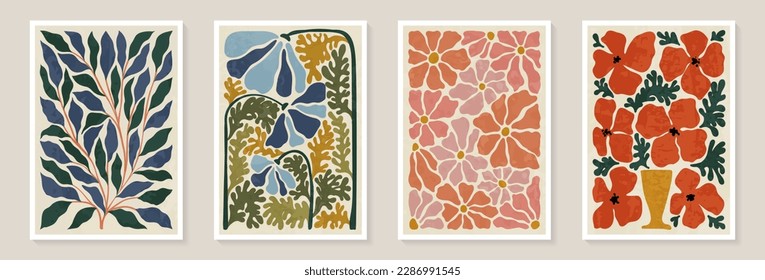 Set of trendy vintage wall prints with flowers, leaves, shapes. Modern aesthetic illustrations. Bohemian style Collection of contemporary artistic Design wall decoration, postcard, poster, brochure