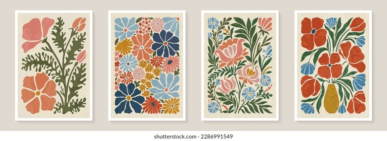 Set of trendy vintage wall prints with flowers, leaves, shapes. Modern aesthetic illustrations. Bohemian style Collection of contemporary artistic Design wall decoration, postcard, poster, brochure