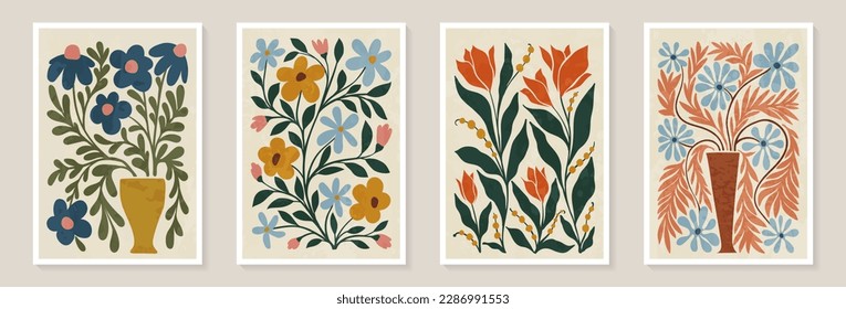 Set of trendy vintage wall prints with flowers, leaves, shapes. Modern aesthetic illustrations. Bohemian style Collection of contemporary artistic Design wall decoration, postcard, poster, brochure