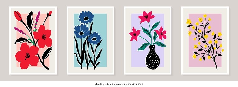 Set of trendy vintage wall prints with flowers, leaves, shapes. Modern aesthetic illustrations. Bohemian style Collection of contemporary artistic Design wall decoration, postcard, poster, brochure