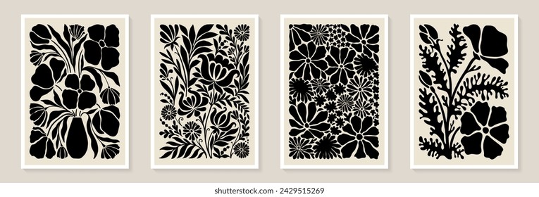 Set of trendy vintage wall prints with black and white flowers, leaves, shapes. Modern aesthetic style Collection of contemporary artistic Design wall decoration, postcard, poster, brochure