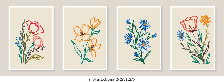 Set of trendy vintage wall prints with flowers, leaves, shapes. Modern aesthetic illustrations. Bohemian style Collection of contemporary artistic Design wall decoration, postcard, poster, brochure.