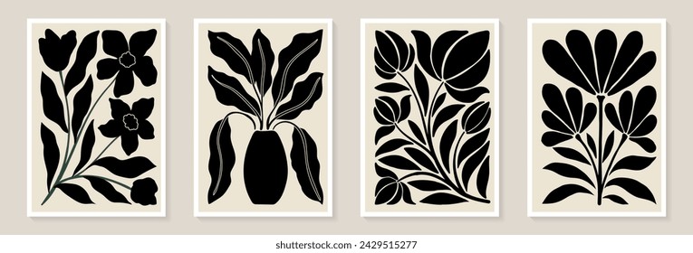 Set of trendy vintage wall prints with black and white flowers, leaves, shapes. Modern aesthetic style Collection of contemporary artistic Design wall decoration, postcard, poster, brochure