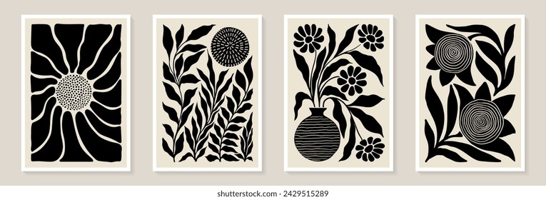 Set of trendy vintage wall prints with black and white flowers, leaves, shapes. Modern aesthetic style Collection of contemporary artistic Design wall decoration, postcard, poster, brochure