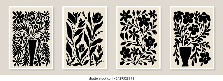 Set of trendy vintage wall prints with black and white flowers, leaves, shapes. Modern aesthetic style Collection of contemporary artistic Design wall decoration, postcard, poster, brochure