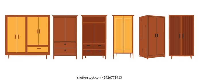 Set of trendy wardrobes in scandinavian style. Modern soft furniture collection.