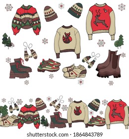 Set of trendy warm winter clothes.vector illustration. hand-drawn