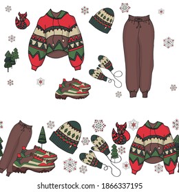 Set of trendy warm winter clothes.vector illustration. hand-drawn