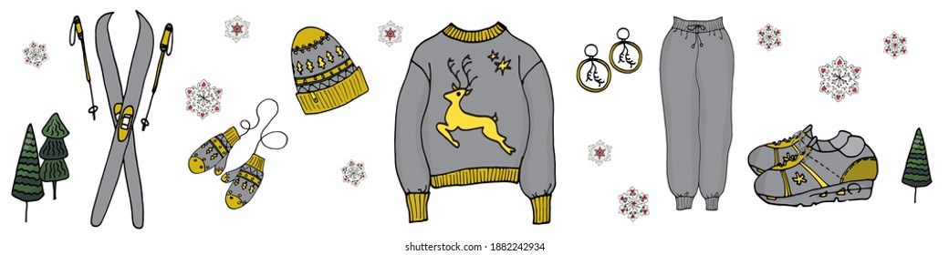 Set of trendy warm winter clothes.vector illustration. hand-drawn