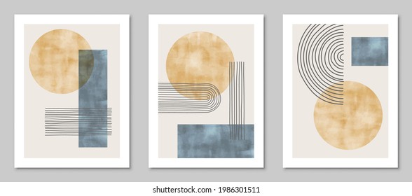 Set of trendy watercolor abstract creative geometric minimalist artistic compositions. Vintage vector design for wall decoration, decor, print, cover, poster, card, wallpaper.