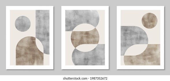 Set of trendy watercolor abstract creative geometric minimalist artistic compositions. Vintage vector design for wall decoration, decor, print, cover, poster, card, wallpaper.