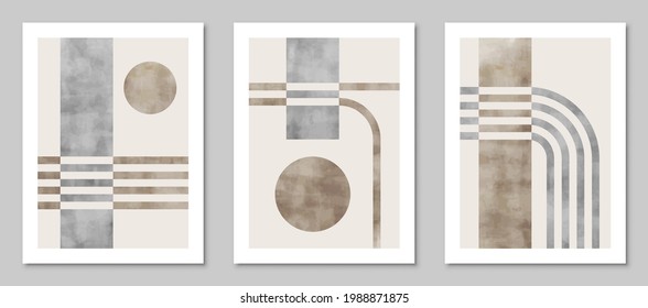 Set of trendy watercolor abstract creative geometric minimalist artistic compositions. Vintage vector design for wall decoration, decor, print, cover, poster, card, wallpaper.