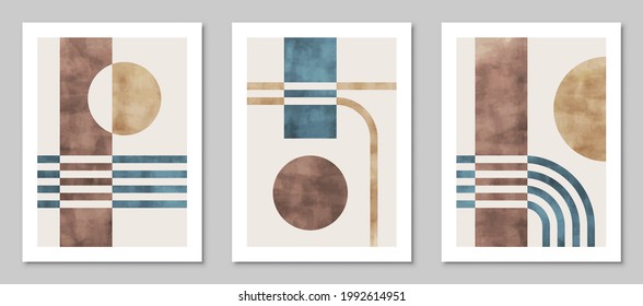 Set of trendy watercolor abstract creative geometric minimalist artistic compositions. Vintage vector design for wall decoration, decor, print, cover, poster, card, wallpaper.