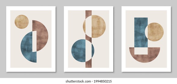 Set of trendy watercolor abstract creative geometric minimalist artistic compositions. Vintage vector design for wall decoration, decor, print, cover, poster, card, wallpaper.