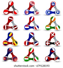 Set of Trendy Web Design Elements in Spinner Shape with Flags of European Countries as Texture. Travel Promotion Concept. Vector Illustration