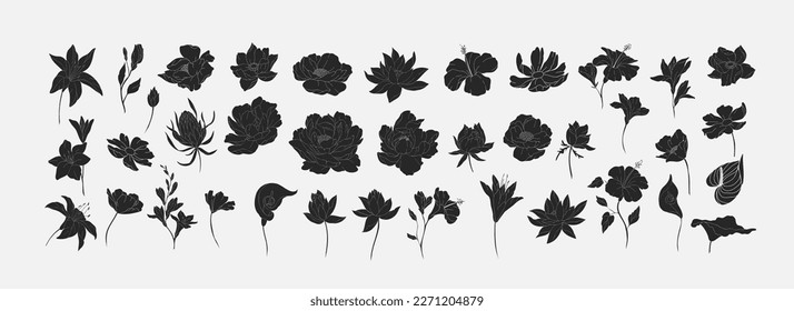 Set von trendigen Hochzeitsblumen in Silhouette für Logo oder Dekoration. Handgezeichnete Liniendekoration, elegante Blätter zur Einladung speichern Sie die Dattelkarte. Botanischer rustikaler, trendiger Vegetationsvektor