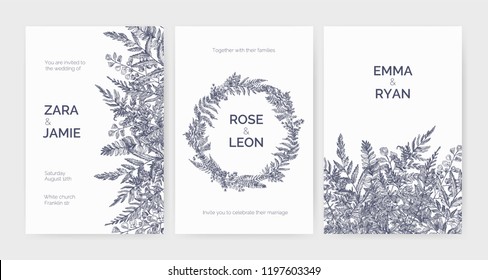 Set of trendy wedding invitation templates decorated with elegant ferns, wild herbs and herbaceous plants on white background. Monochrome hand drawn vector illustration in gorgeous retro style.