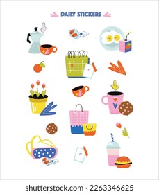 Set of trendy weekly or dairy planner stickers, illustrations for modern organizer and diaries. Collection of cute image for journal decor, hand drawn design elements. Vector flat cartoon style