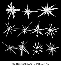 Set of trendy white stars on a black background. Hand drawn geometric doodles, starburst doodles, modern retro grunge punk sticker design. Flat vector illustration