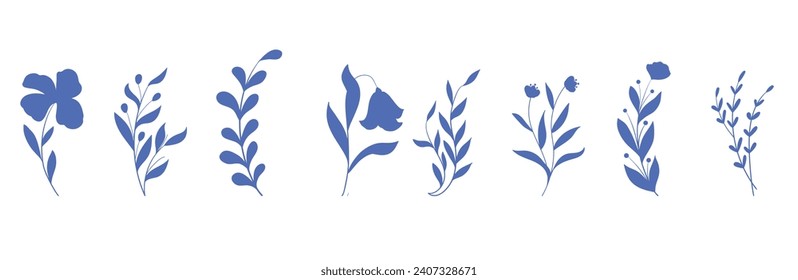Set of trendy wildflowers and minimalist flowers for logo or decorations. Hand drawn line wedding herb, elegant leaves for invitation save the date card. Botanical rustic trendy greenery vector 