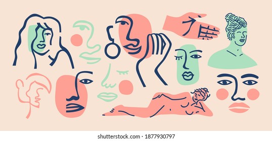 Set of trendy women doodle on isolated white background. Big abstract girl face collection, female body studies in freehand matisse art style. Includes continuous line drawing, classic statue bundle.