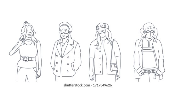 Set of trendy women wearing stylish surgical mask, covid-2019. Vector Illustration. Coloring book