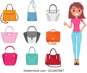 Set of trendy womens bags. Cute lady in business dress style, wardrobe selection concept isolated on white. Womens clothing. Ladieswear modern style, young girl in skirt and blouse and set of bags