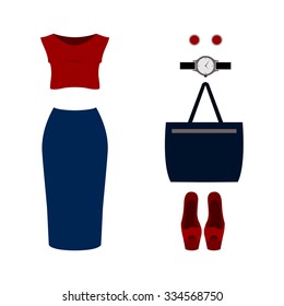 Set of  trendy women's clothes with blouse, skirt and accessories.Women's wardrobe. Vector illustration
