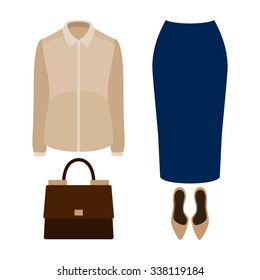 Set of  trendy women's clothes with blue skirt, blouse and accessories.Women's wardrobe. Vector illustration