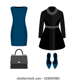 Set of  trendy women's clothes with coat, dress and accessories.Women's wardrobe. Vector illustration