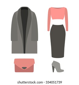 Set of  trendy women's clothes with coat, top, skirt and accessories.Women's wardrobe. Vector illustration