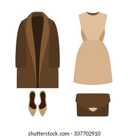 Set of  trendy women's clothes with coat, dress and accessories.Women's wardrobe. Vector illustration