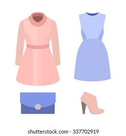 Set of  trendy women's clothes with coat, dress and accessories.Women's wardrobe. Vector illustration