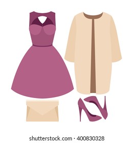 Set of trendy women's clothes with coat, dress and accessories. Vector illustration