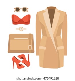 Set of trendy women's clothes with coat, bustiers top and accessories. Vector illustration