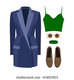 Set of trendy women's clothes with coat, top and accessories. Vector illustration