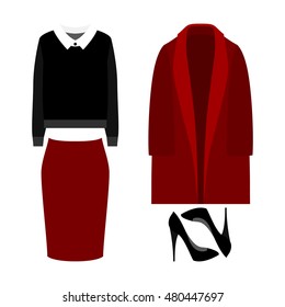 Set of trendy women's clothes with coat, skirt, pullover and accessories. Vector illustration