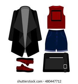 Set of trendy women's clothes with coat, top, shorts and accessories. Vector illustration