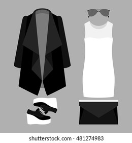 Set of trendy women's clothes with coat, dress and accessories. Vector illustration
