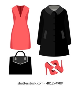 Set of trendy women's clothes with coat, dress and accessories. Vector illustration